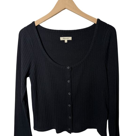 Madewell Ribbed Cardigan Crop Tee Button Down Scoop Neck True Black Large - Picture 3 of 7